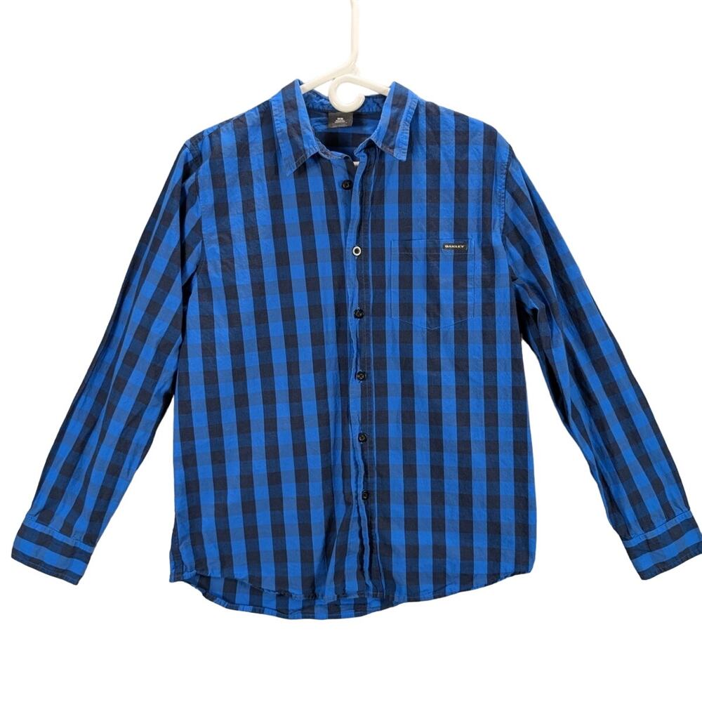 Oakley Shirt Mens Medium Blue Black Buffalo Plaid Button Up Long sleeve Pocket